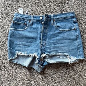 High-Rise Distressed Denim Cutoff Shorts in Light Blue